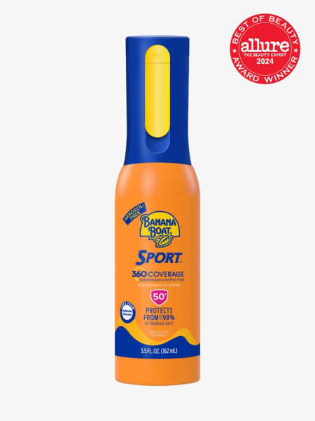 sunscreen mist in branded orange and blue bottle on light gray background with red and white 2024 allure best of beauty seal