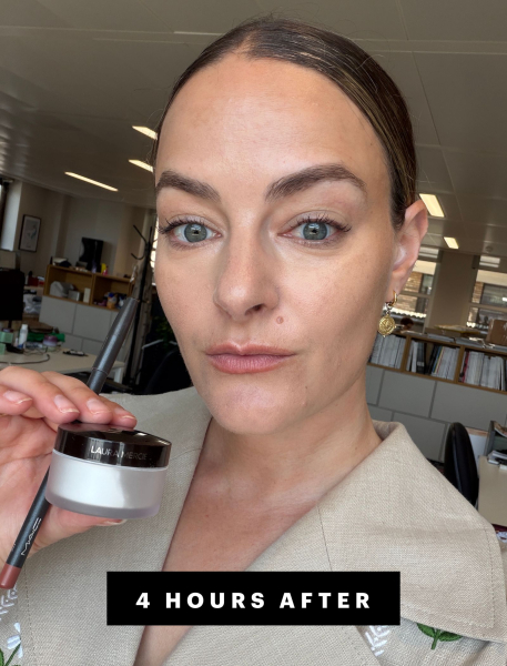 Sophie Panych holding up loose powder and lip liner