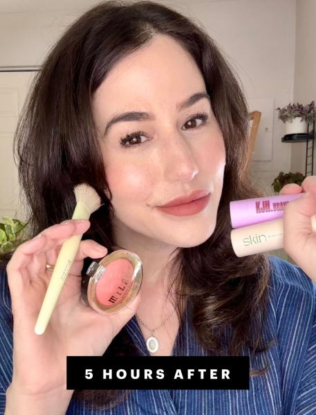 Marci Robin holding up blush and blush brushes